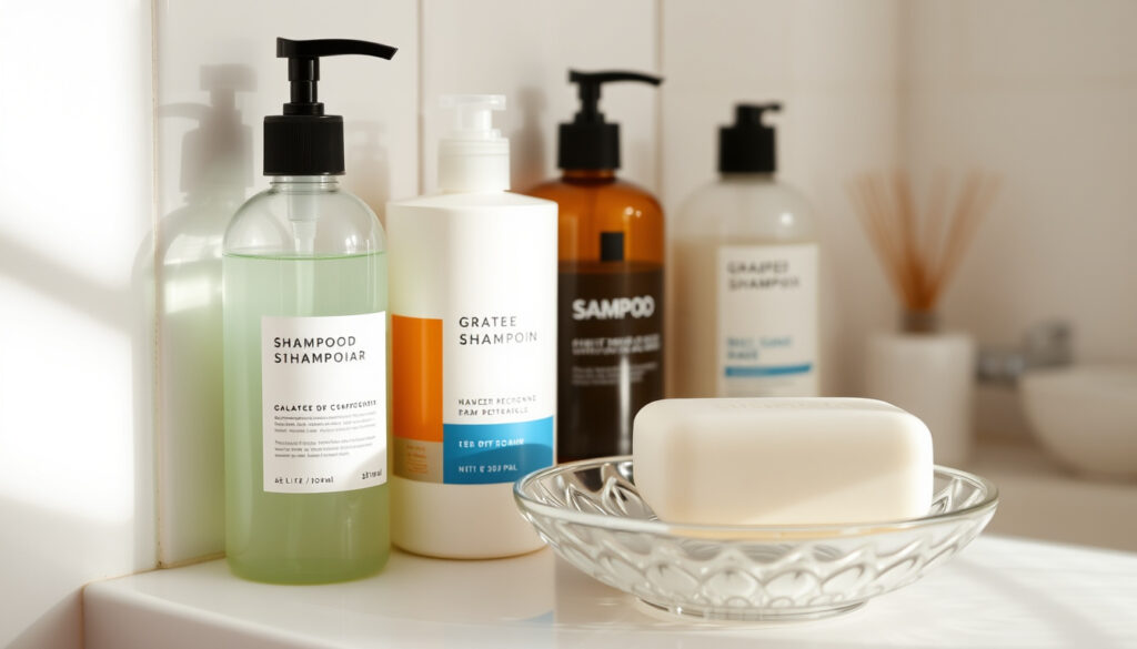 Kylpyhuoneen kaakelihyllyllä on useita muovisia ja pumpullisia shampoopulloja sekä kiinteä shampoopala valuvassa kupissa.