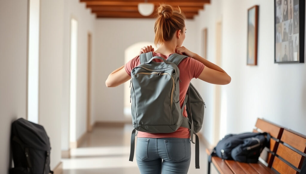 A woman trying on a grey 30-litre hiking backpack at home, tightening hip and chest straps before a day trip, with travel and work bags on a table nearby.