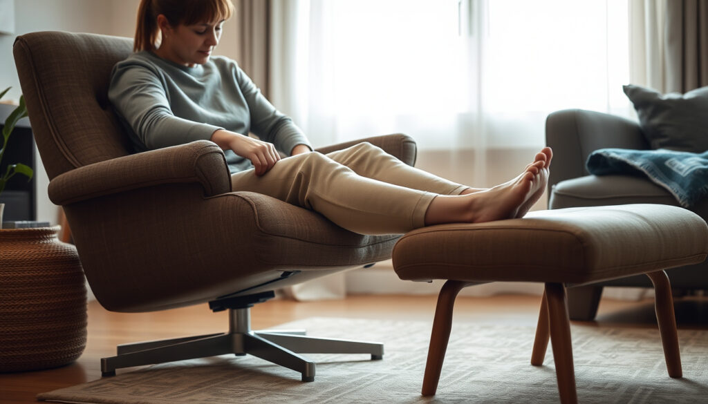 Person sitting in an upholstered armchair in a living room, checking seat depth with a hand and feet flat on the floor