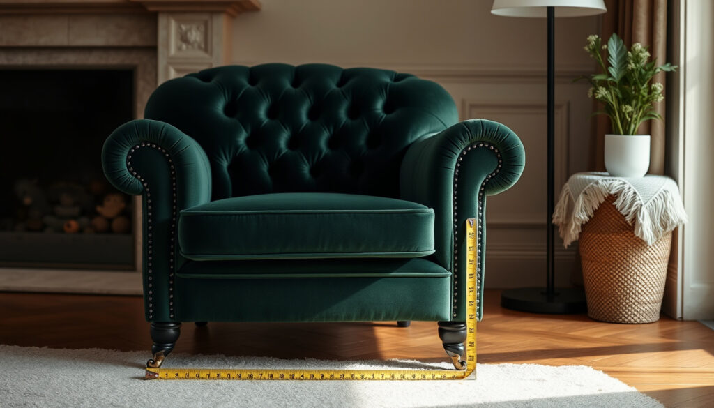 Tummanvihreä napitettu Chesterfield-tyylinen samettinojatuoli olohuoneessa lattialle merkityn mitatun tilan vieressä