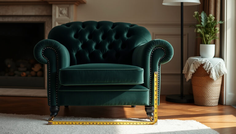 Tummanvihreä napitettu Chesterfield-tyylinen samettinojatuoli olohuoneessa lattialle merkityn mitatun tilan vieressä