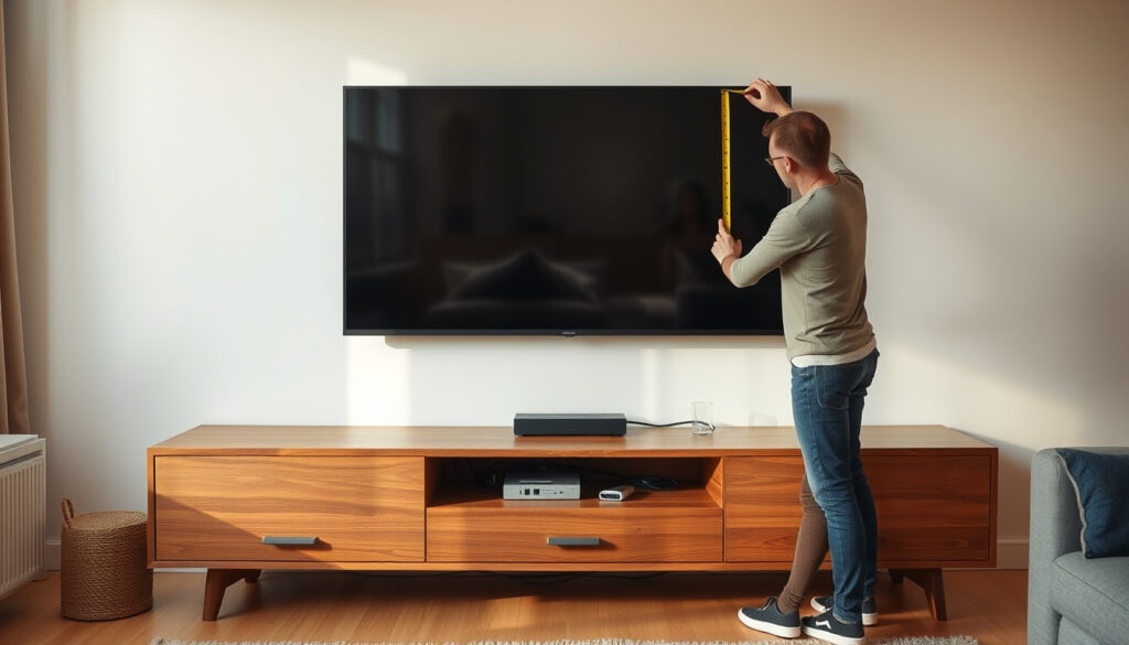 Olohuoneen matala televisiopöytä television alla, jossa henkilö mittaa tason leveyttä mittanauhalla ja johdot kulkevat siististi kalusteen takana.